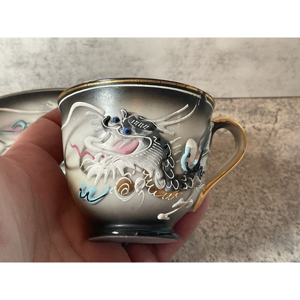Antique Bone Moriage Raise Oriental Dragon Ware Decorative Espresso Cup & Saucer
